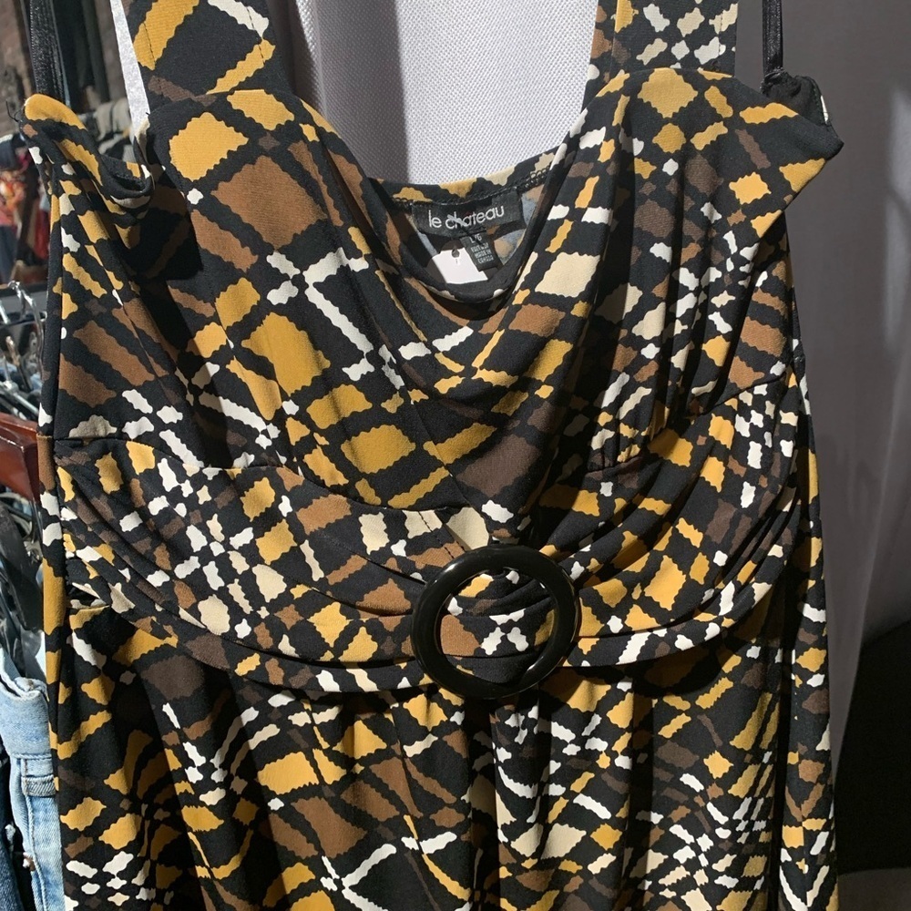 Not Available Le Chateau Brown and Yellow Geometric Midi Dress - Picture 3 of 4